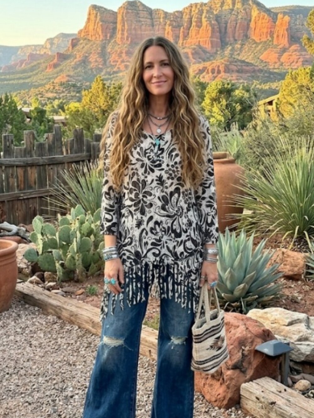 Chico's Travelers Collection Sheer Asymmetric Fringe Tunic Top Boho Size 1